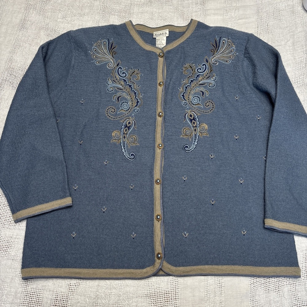 Koret Blue Paisley Embroidered Faux Pearl Buttons Womens Cardigan Sweater Size L